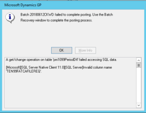 Payables Check Batch Posting Error Invalid Column Name TEN99FATCAFILEREQ