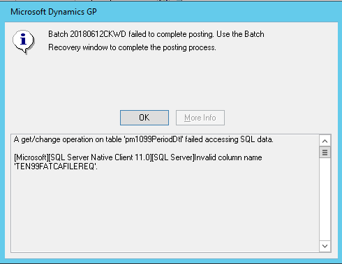 Payables Check Batch Posting Error: Invalid Column Name ‘TEN99FATCAFILEREQ’