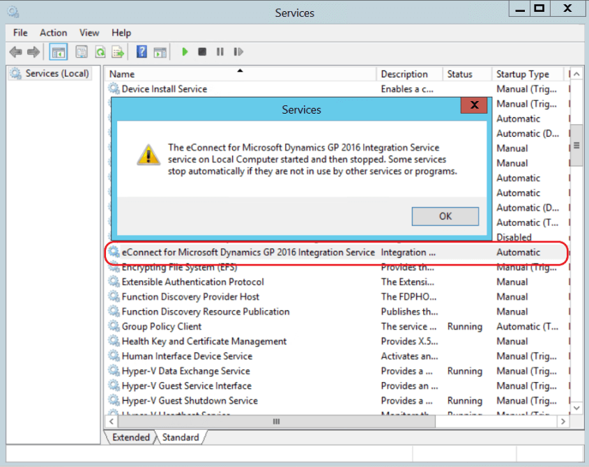 eConnect Integration Service Will Not Start